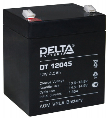 Аккумулятор для ИБП Delta Battery DT, 107х70х90 мм (ВхШхГ),  Необслуживаемый свинцово-кислотный,  12V/4,5 Ач, цвет: чёрный, (DT 12045)