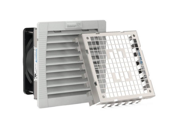Вентиляторный модуль Pfannenberg PF 22.000 EMC, с фильтром, 24V, 145х145х75 мм (ВхШхГ), вентиляторов: 1, 44 дБ, IP55, поток: 56 м3/ч, для шкафов, цвет: серый