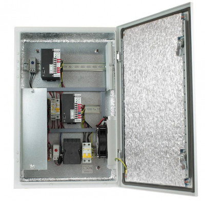 Шкаф уличный всепогодный укомплектованный настенный OSNOVO, IP66, корпус: металл, 600х400х210 мм (ВхШхГ), цвет: серый, (с DIN-рейками, автоматом 2Р), без нагрева, без охлаждения