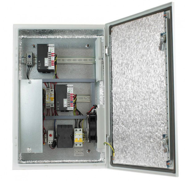 Шкаф уличный всепогодный укомплектованный настенный OSNOVO, IP66, корпус: металл, 600х400х210 мм (ВхШхГ), цвет: серый, (с DIN-рейками, автоматом 2Р), без нагрева, без охлаждения