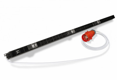 Блок силовых розеток Hyperline SHE, вертикальный, неуправляемый, IEC 320 C13 х 30, IEC 60320 С19 х 6, вход IEC 309 32A 3P+N+E, шнур 3 м, 2 000мм, трехфазный 32А, автомат, чёрный