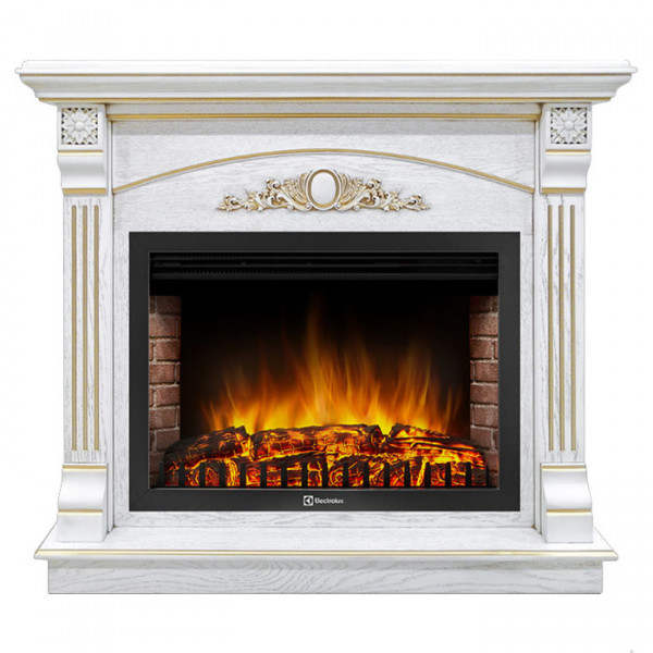 Электрокамин с широким очагом 2D Electrolux EFP/P-3020LS с порталом Firelight Barocco 30 белый дуб с золотой патиной