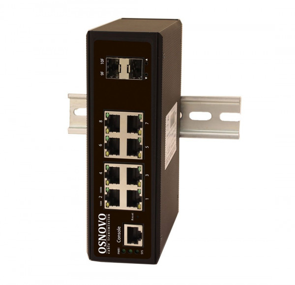Коммутатор OSNOVO SW-70802/IL промышленный управляемый (L2+) Gigabit Ethernet на 8 GE Rj45 + 2 GE SFP порта. Порты: 8 x GE (10/100/1000Base-T) + 2 x GE SFP (1000Base-X)