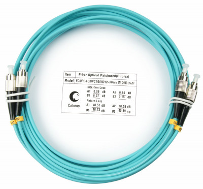 Коммутационный шнур оптический Cabeus Tight Buffer, Duplex FC/FC, OM3 50/125, LSZH, Ø 3мм, 5м, цвет: аква, (FOP-50-FC-FC-5m)