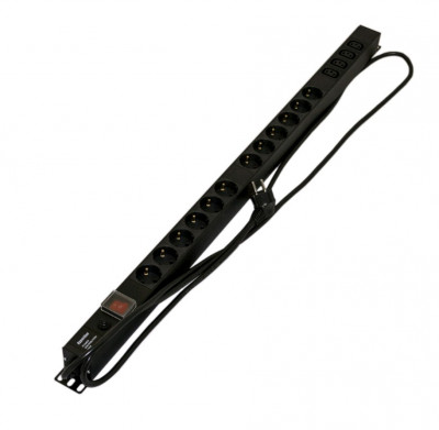 Блок силовых розеток Hyperline SHE-(XX)SH-(X)IEC, вертикальный, неуправляемый, IEC 60320 С13 х 12, Shuko х 6, вход Schuko, 19", шнур 2,5 м, 845х44,5х44,5 мм (ВхШхГ), 16А, выключатель, чёрный