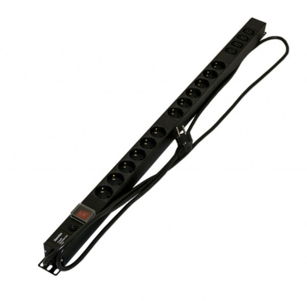Блок силовых розеток Hyperline SHE-(XX)SH-(X)IEC, вертикальный, неуправляемый, IEC 60320 С13 х 12, Shuko х 6, вход Schuko, 19", шнур 2,5 м, 845х44,5х44,5 мм (ВхШхГ), 16А, выключатель, чёрный