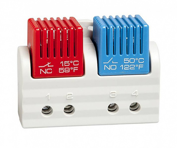 Термостат STEGO FTD 011, 47х63х33 мм (ВхШхГ), на DIN-рейку, для вентиляторов, 250V, разноцветный, выключение NC+15 °C, NO+40 °C