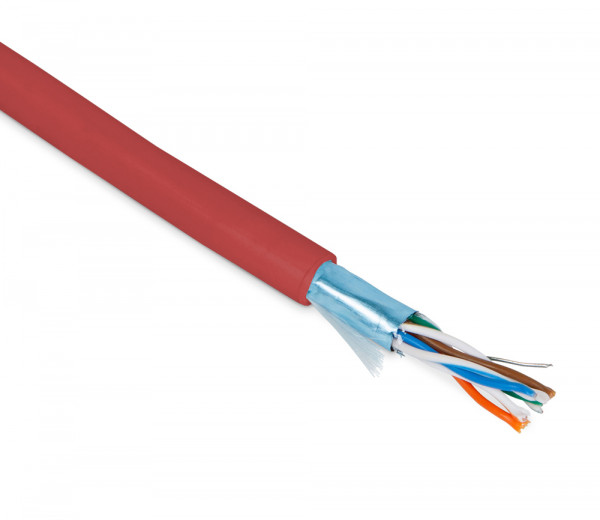 Кабель витая пара Hyperline FUTP4-C5E-P26-IN-PVC, F/UTP, 4 пар., кат. 5е, проводник Ø 0,48мм, AWG26, PVC, 100МГц, 1м (коробка 305м), тип прокладки: внутри зданий, цвет: красный
