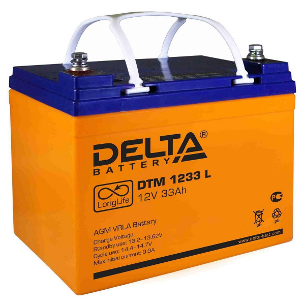 Аккумулятор для ИБП Delta Battery DTM L, 168х130х195 мм (ВхШхГ),  Необслуживаемый свинцово-кислотный,  12V/33 Ач, цвет: оранжевый, (DTM 1233 L)