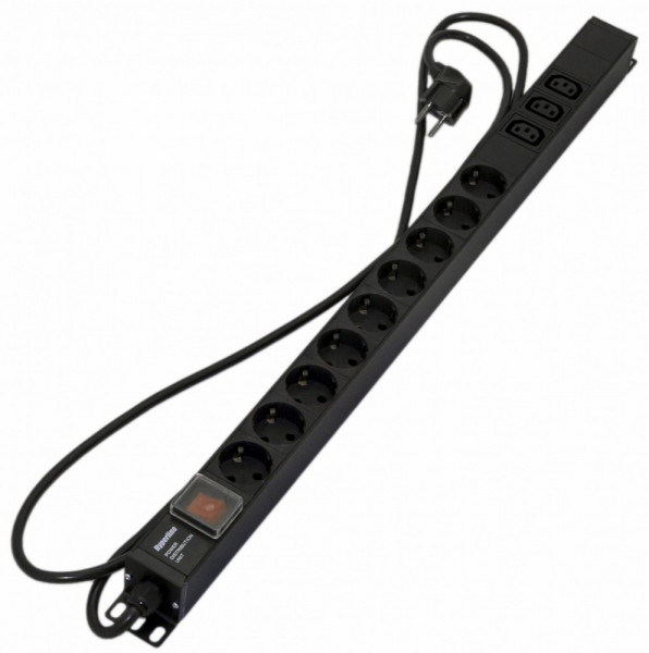 Блок силовых розеток Hyperline SHE-(XX)SH-(X)IEC, вертикальный, неуправляемый, IEC 60320 С13 х 3, Shuko х 9, вход Schuko, 19", шнур 2,5 м, 730х44,4х44,4 мм (ВхШхГ), 16А, выключатель, чёрный