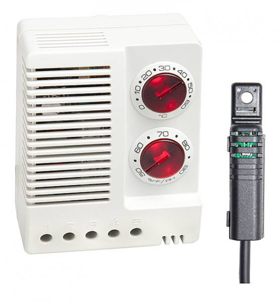 Гигротерм STEGO ETF 012, 77х60х43 мм (ВхШхГ), на DIN-рейку, для вентиляторов, 48V, серый, с внешним датчиком, кабель 2м