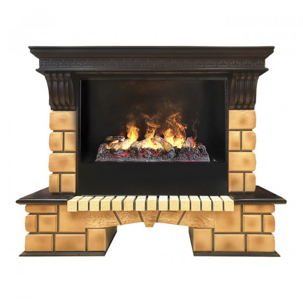 Электрокамин с широким очагом 3D Real-Flame Stone Brick 26 AO с очагом 3D Cassette 630 (Black вставка)