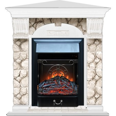 Электрокамин с классическим очагом 2D Glenrich Арочный угловой (Magestic BL,BR) камень-Карелия/цвет-Белый