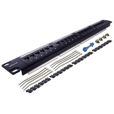 Коммутационная патч-панель Lanmaster, 19", 1HU, портов: 24 х RJ45, кат. 5е, неэкр., цвет: чёрный, (LAN-PPL24U5E)
