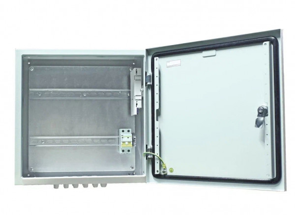 Шкаф уличный всепогодный укомплектованный настенный OSNOVO, IP66, корпус: сталь нержавеющая, 400х400х210 мм (ВхШхГ), цвет: серый, (с DIN-рейками, автоматом 2Р), без нагрева, без охлаждения