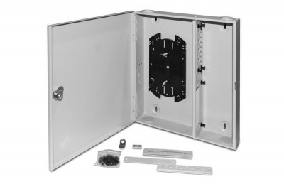 Бокс оптический Hyperline FO-WBX (NxSLT), портов: 32, SC, duplex LC, ST, FC, до 32 хОВ, 330х330х75 мм (ВхШхГ), (FO-WBX-4xSLT-W140H42-32UN-GY)