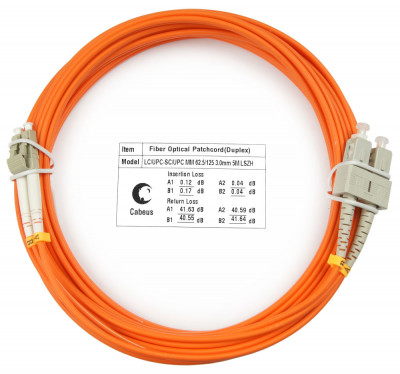 Коммутационный шнур оптический Cabeus Tight Buffer, Duplex SC/LC (UPC/UPC), OM1 62,5/125, LSZH, Ø 3мм, 7м, цвет: оранжевый, (FOP-62-LC-SC-7m)