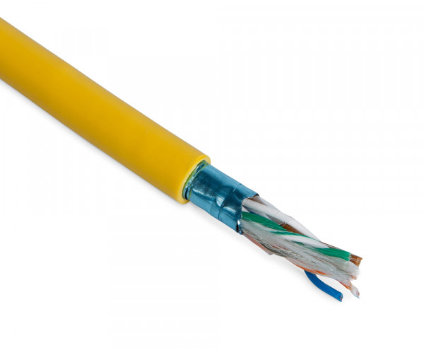 Кабель витая пара Hyperline FUTP4-C5E-P26-IN-PVC, F/UTP, 4 пар., кат. 5е, проводник Ø 0,48мм, AWG26, PVC, 100МГц, 1м (коробка 100м), тип прокладки: внутри зданий, цвет: жёлтый