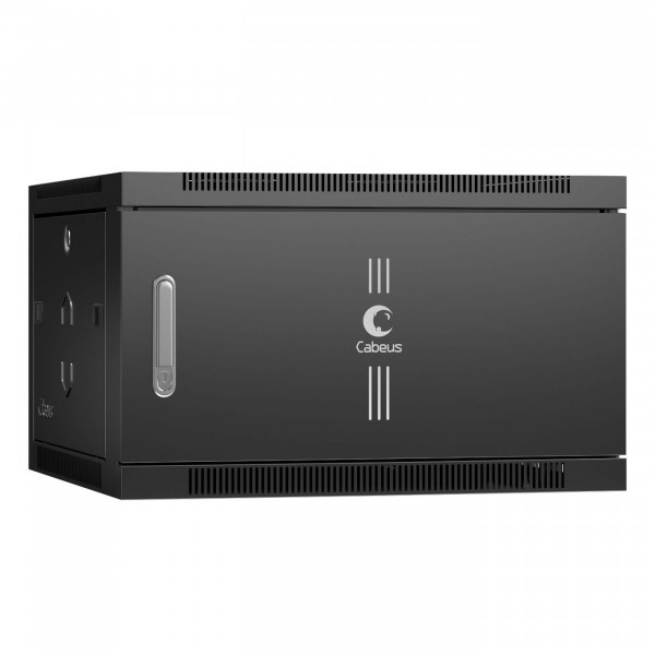 Шкаф телекоммуникационный настенный Cabeus SH-05F, 19", 6U, 368х600х350 мм (ВхШхГ), дверь: металл, боковая панель: сплошная съемная, сварной, цвет: чёрный, (съемная панель для крепления шкафа к стене)
