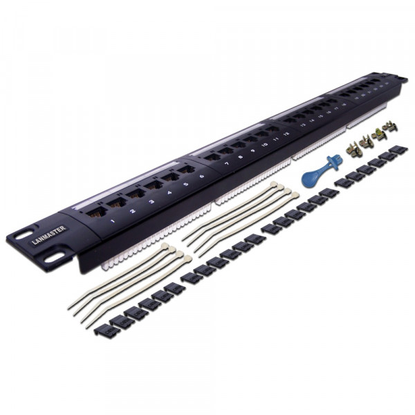 Коммутационная патч-панель Lanmaster, 19", 1HU, портов: 24 х RJ45, кат. 6, неэкр., цвет: чёрный, (LAN-PPL24U6)