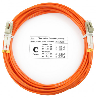 Коммутационный шнур оптический Cabeus Tight Buffer, Duplex LC/LC (UPC/UPC), OM1 62,5/125, LSZH, Ø 3мм, 7м, цвет: оранжевый, (FOP-62-LC-LC-7m)