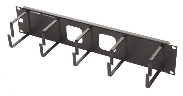 Организатор коммутационных шнуров Eurolan, 19", 2HU, 76х10х90 мм (ВхШхГ), кольцевого типа, с отверстиями, 5 колец, для шкафов и стоек Eurolan, цвет: чёрный