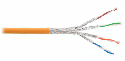 Кабель витая пара Nikolan, S/FTP, 4 пар., кат. 6A, проводник Ø 0,58мм, AWG23, LSZH (нг(A)-HF), 500МГц, 1м (барабан 305м), тип прокладки: внутри зданий, цвет: оранжевый