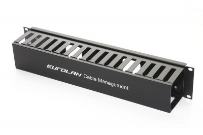 Организатор коммутационных шнуров Eurolan, 19", 2HU, 482,6х80,7 мм (ШхГ), перфорированный с крышкой, на 80 четырехпарных кабелей utp, цвет: чёрный, (Металл, пластик, двухсторонний)