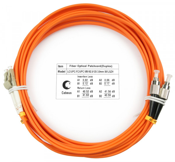 Коммутационный шнур оптический Cabeus Tight Buffer, Duplex LC/FC (UPC/UPC), OM1 62,5/125, LSZH, Ø 3мм, 15м, цвет: оранжевый, (FOP-62-LC-FC-15m)