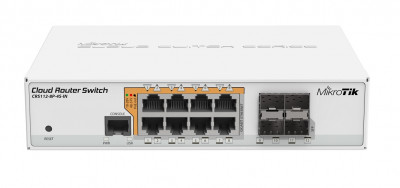 Маршрутизатор Mikrotik, CRS, портов: 8, 44х142х200 мм (ВхШхГ), последовательный порт RJ45, комбинированные порты Ethernet 4., CRS112-8P-4S-IN