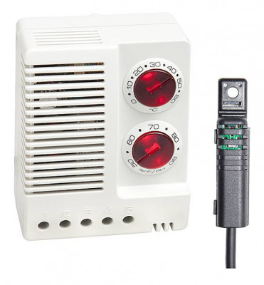 Гигротерм STEGO ETF 012, 77х60х43 мм (ВхШхГ), на DIN-рейку, для вентиляторов, 48V, серый, с внешним датчиком, кабель 1м