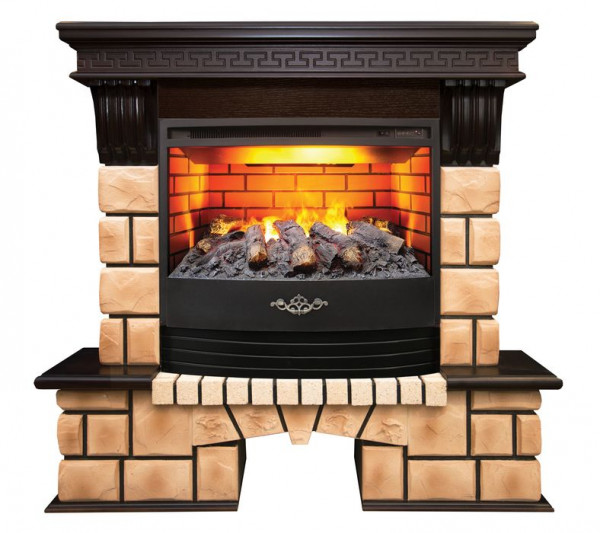 Электрокамин с широким очагом 3D Real-Flame Stone brick 25/25,5 AO с очагом 3D Firestar 25,5
