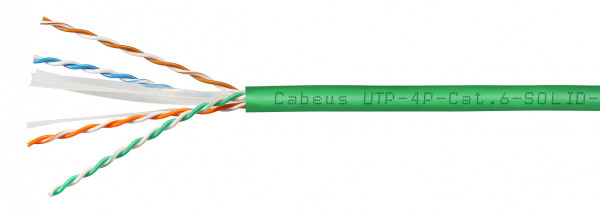 Кабель витая пара Cabeus, U/UTP, 4 пар., кат. 6, проводник Ø 0,57мм, AWG23, нг(А)-LSLTx, 100МГц, 1м (коробка 100м), тип прокладки: внутри зданий, цвет: зелёный