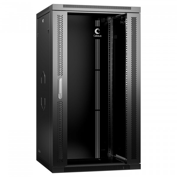 Шкаф телекоммуникационный настенный Cabeus SH-05F, 19", 22U, 1082х600х450 мм (ВхШхГ), дверь: стекло, боковая панель: сплошная съемная, разборный, цвет: чёрный, (съемная панель для крепления шкафа к стене)