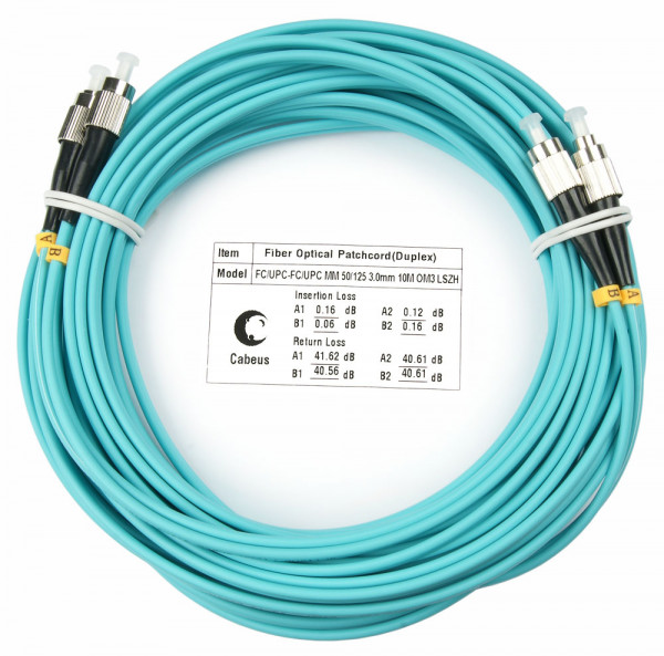 Коммутационный шнур оптический Cabeus Tight Buffer, Duplex FC/FC, OM3 50/125, LSZH, Ø 3мм, 10м, цвет: аква, (FOP-50-FC-FC-10m)