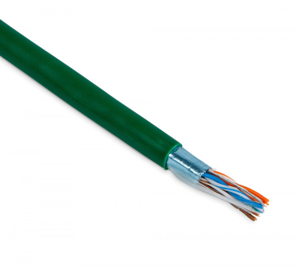 Кабель витая пара Hyperline FUTP4-C5E-P26-IN-PVC, F/UTP, 4 пар., кат. 5е, проводник Ø 0,48мм, AWG26, PVC, 100МГц, 1м (коробка 305м), тип прокладки: внутри зданий, цвет: зелёный