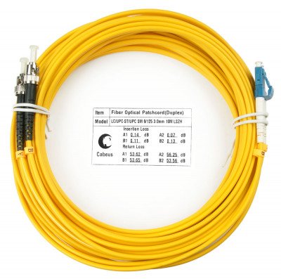 Коммутационный шнур оптический Cabeus Tight Buffer, Duplex LC/ST, OS2 9/125, LSZH, Ø 3мм, 10м, цвет: жёлтый, (FOP(d)-9-LC-ST-10m)