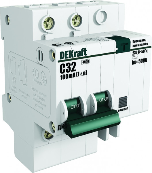 Автоматический выключатель с дифференциальным током DEKraft ДИФ-101, тип: AC, 7 модуль, C класс, 2Р, 10А/30мА,  (15156DEK)