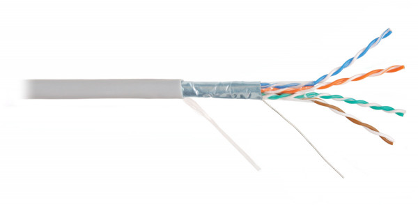 Кабель витая пара Nikolan, F/UTP, 4 пар., кат. 5е, проводник Ø 0,5мм, AWG24, PVC, 100МГц, 1м (коробка 100м), тип прокладки: внутри зданий, цвет: серый