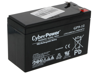 Аккумулятор для ИБП CyberPower, 80х60х150 мм (ВхШхГ),  Необслуживаемый свинцово-кислотный,  12V/9 Ач, цвет: чёрный, (GP9-12)