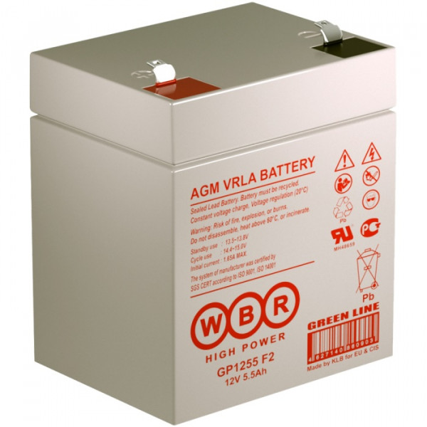 Аккумулятор для ИБП WBR GP, 107х70х90 мм (ВхШхГ),  необслуживаемый свинцово-кислотный,  12V/5,5 Ач, (GP1255 WBR)