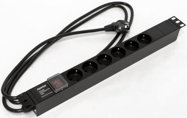 Блок силовых розеток Hyperline SHE19-(X)SH, горизонтальный, неуправляемый, Shuko х 6, вход Schuko, 19", шнур 2,5 м, 1U, 482,6мм 16А, выключатель, чёрный