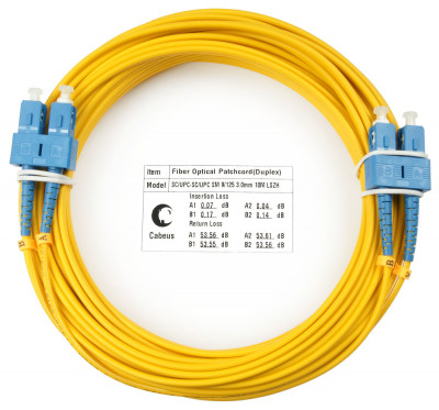 Коммутационный шнур оптический Cabeus Tight Buffer, Duplex SC/SC, OS2 9/125, LSZH, Ø 3мм, 15м, цвет: жёлтый, (FOP(d)-9-SC-SC-15m)