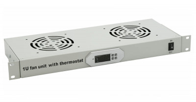 Вентиляторный модуль Cabeus, 19", 220V, 1U, 45х480х170 мм (ВхШхГ), вентиляторов: 2, поток: 300 м3/ч, для шкафов, цвет: серый, (с цифровым термодатчиком)