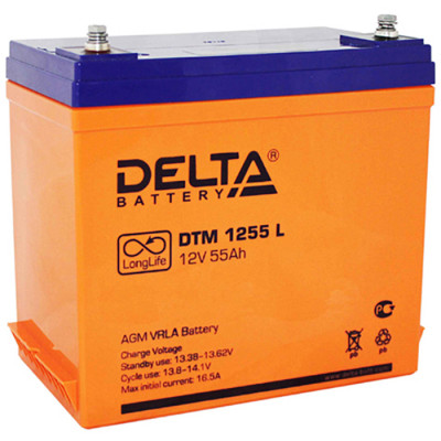 Аккумулятор для ИБП Delta Battery DTM L, 210х132х239 мм (ВхШхГ),  Необслуживаемый свинцово-кислотный,  12V/55 Ач, цвет: оранжевый, (DTM 1255 L)
