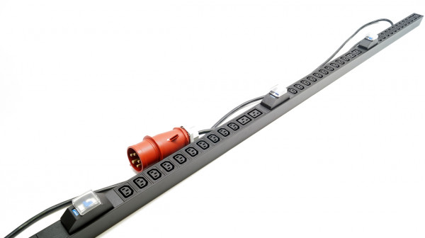 Блок силовых розеток Hyperline SHE, вертикальный, неуправляемый, IEC 320 C13 х 30, IEC 60320 С19 х 6, вход IEC 309 16A 3P+N+E, шнур 3 м, 1 778мм, трехфазный 16А, автомат, чёрный