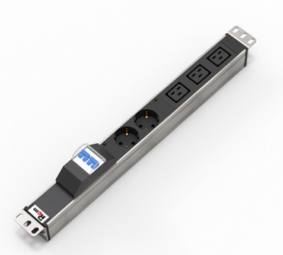 Блок силовых розеток Rem Rem-32, горизонтальный, неуправляемый, Shuko х 2, IEC 60320 С19 х 3, вход колодка, 19", 45мм 32А, автомат, алюминий, без шнура