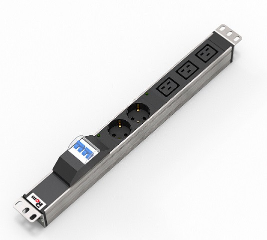 Блок силовых розеток Rem Rem-32, горизонтальный, неуправляемый, Shuko х 2, IEC 60320 С19 х 3, вход колодка, 19", 45мм 32А, автомат, алюминий, без шнура