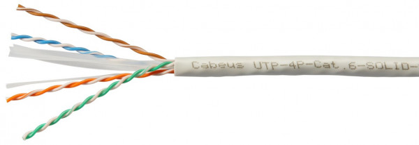 Кабель витая пара Cabeus, U/UTP, 4 пар., кат. 6, проводник Ø 0,57мм, AWG23, нг(А)-LSLTx, 100МГц, 1м (коробка 305м), тип прокладки: внутри зданий, цвет: серый
