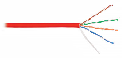 Кабель витая пара Nikolan, U/UTP, 4 пар., кат. 5е, проводник Ø 0,55мм, AWG24, LSZH (нг(A)-HF), 100МГц, 1м (барабан 305м), тип прокладки: внутри зданий, цвет: красный